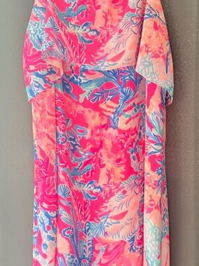 Vibrant Coral & Blue Tropical Maxi Dress